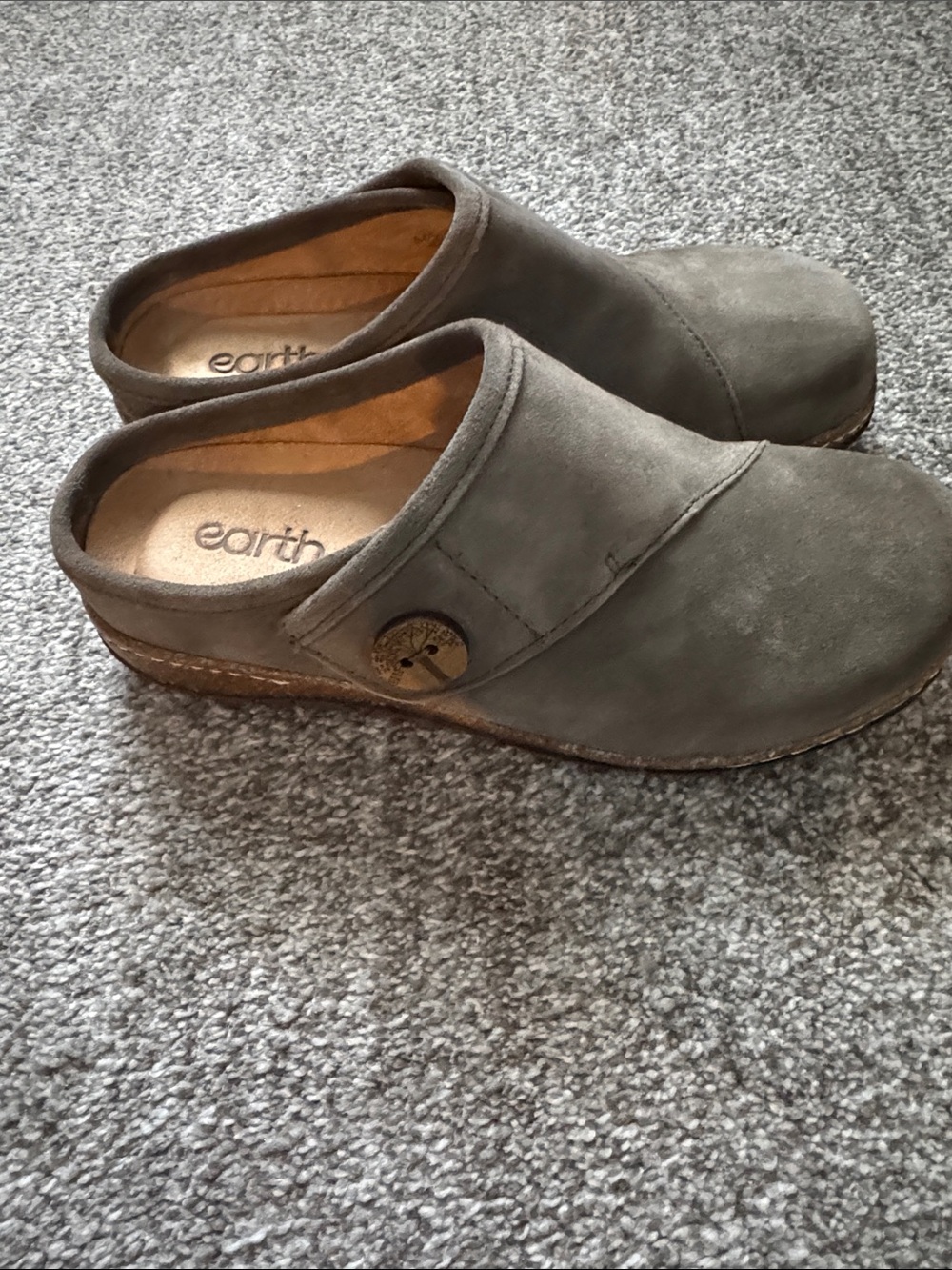 Earth Origins Sage Green Suede Slip-On Clog with Button Accent 7 Wide